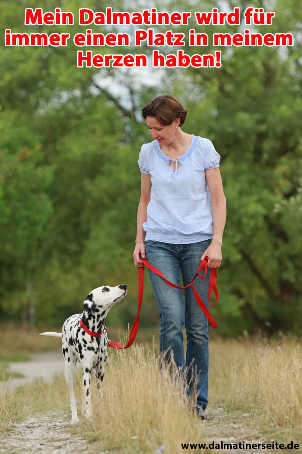 Eine Frau geht mit ihrem Dalmatiner
